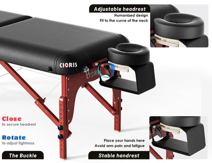 CLORIS 84" Luxury Massage Table Portable 2 Folding Lightweight Facial Salon Spa Tattoo Bed Height Adjustable with Carrying Bag & Wooden Leg Hold Up to 1500LBS