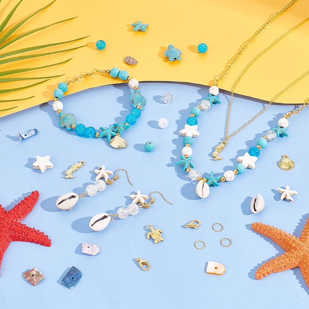 PandaHall 357pcs Starfish Shell Beads Ocean Jewelry Making Kit - 20g Synthetic Turquoise Seashells, Turtle & Mermaid Charms, Cowrie Shell Beads for Summer Beach Necklace, Bracelet & Anklet
