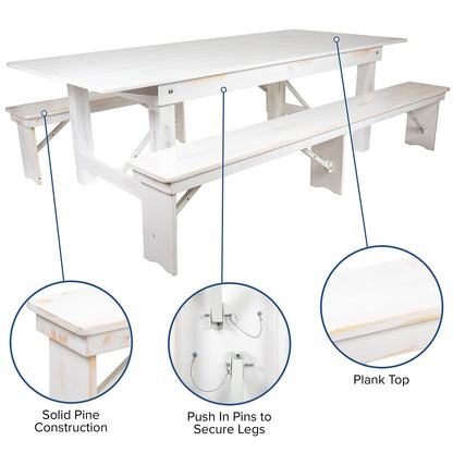 Flash Furniture HERCULES Series 9' x 40" Antique Rustic White Folding Farm Table and Two Bench Set