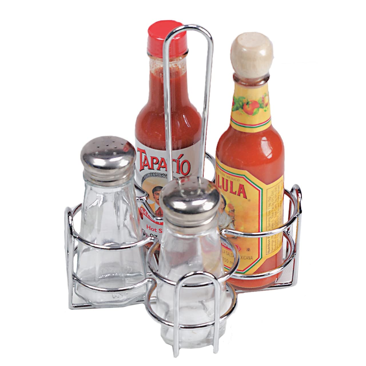 G.E.T. 4-221623 Metal Condiment Condiment Caddy with Number Holder, 4 Compartment, Chrome, 6.5" x 6.5"