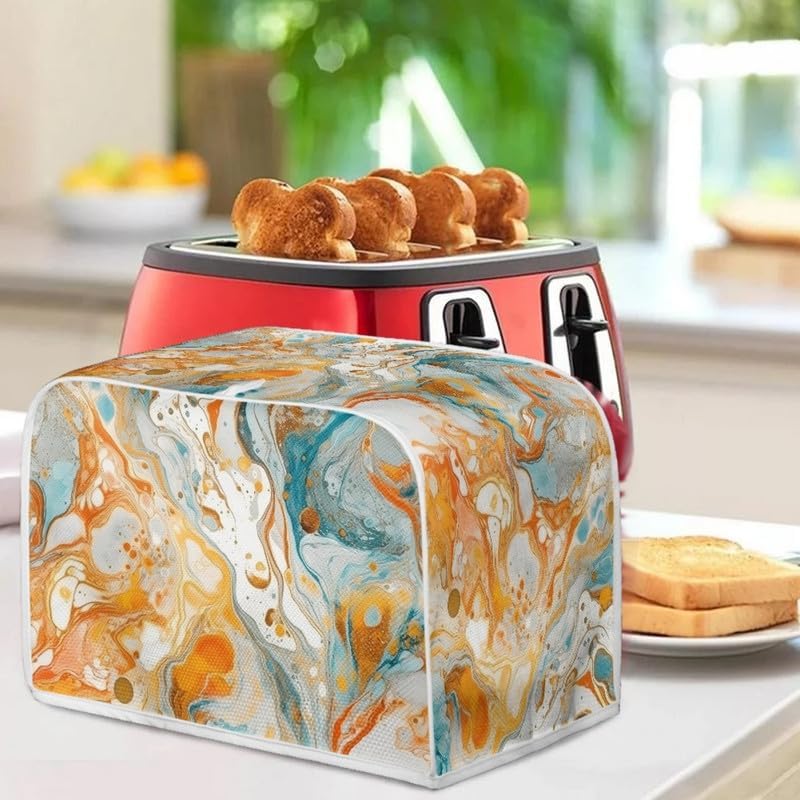 2 Slice Toaster Cover, Gold Cyan Marble Appliance Cover, Abstract Art Fluid Painting Universal Fit Wide Slot