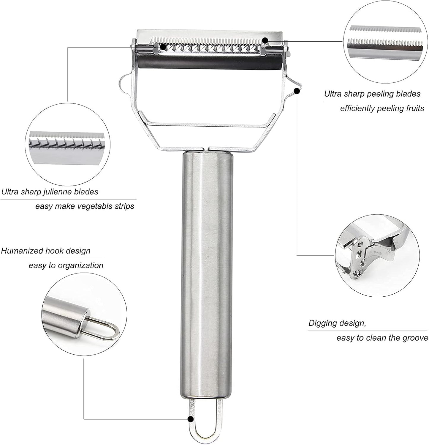 Ultra Sharp Vegetable Peeler - Stainless Steel 2 in 1 Julienne Vegetable Peeler - Perfect for Carrot Potato Cucumber,