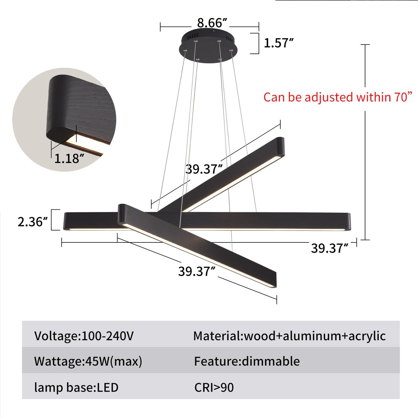 YISDESIGN 3-Light Solid Wood Black Linear Pendant Light - Dimmable Modern LED Chandelier for Dining Room Table Kitchen Island Living Room Ceiling - 45W Warm Light Adjustable Hanging Fixture Black