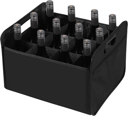 12 Bottle Wine Carrier - Collapsible Premium Felt Tote with Handles for Travel, Party, Picnic, Black