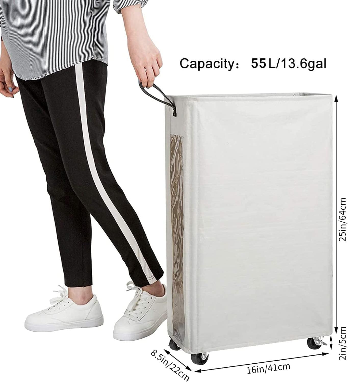 ZERO JET LAG 25 Inches Slim Laundry Storage Hamper - Large Rolling Clothes Bin with Clear Window