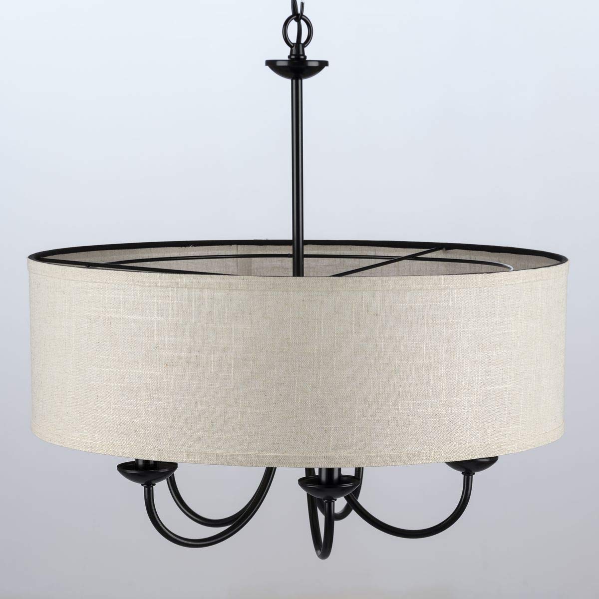Progress Lighting Drum Shade Collection Five-Light Chandelier, Farmhouse Style Hanging Ceiling Light Fixture for Dining Rooms, Foyers, Harvest Linen Shade, Matte Black