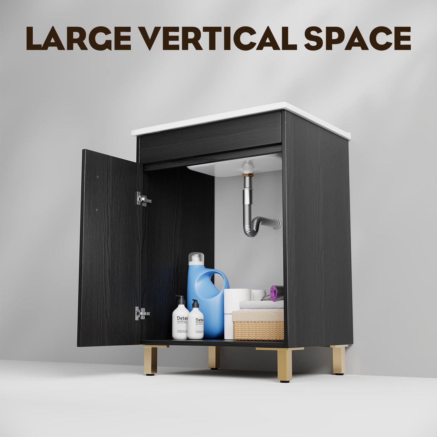 phiestina 24 Inch Fully Pre-Assembled Black Bathroom Vanity with Single Ceramic Countertop Sink Combo, 2 Soft Close Doors Bathroom Cabinet Set, Faucet Not Included, BV01-BLACK-JH