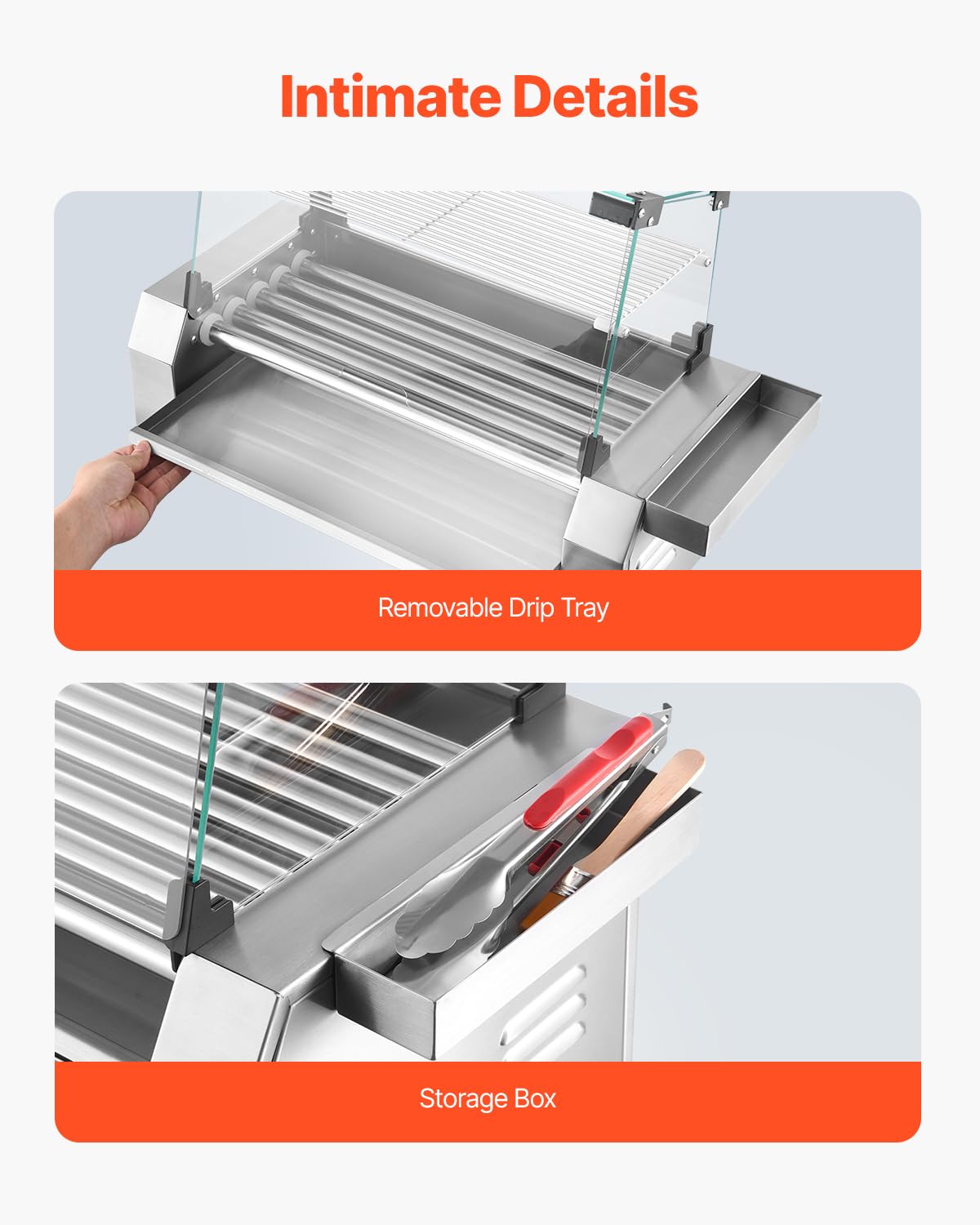 VEVOR Hot Dog Roller, 12 Hot Dog 5 Rollers, Stainless Steel Sausage Grill Cooker, 750W Commercial Hot Dog Machine with Dual Temp Control, Cover, Side Storage Box, Removable Shelf & Oil Drip Tray