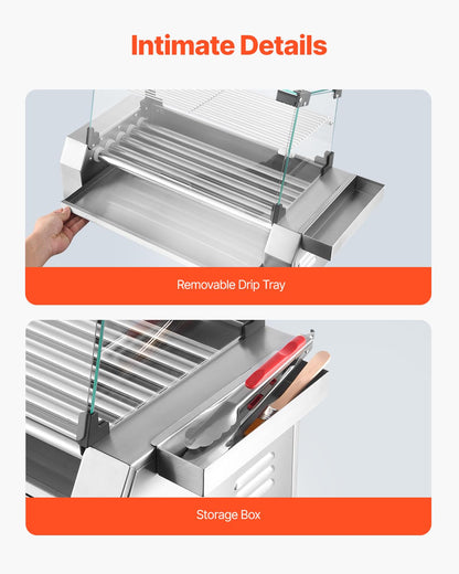 VEVOR Hot Dog Roller, 12 Hot Dog 5 Rollers, Stainless Steel Sausage Grill Cooker, 750W Commercial Hot Dog Machine with Dual Temp Control, Cover, Side Storage Box, Removable Shelf & Oil Drip Tray