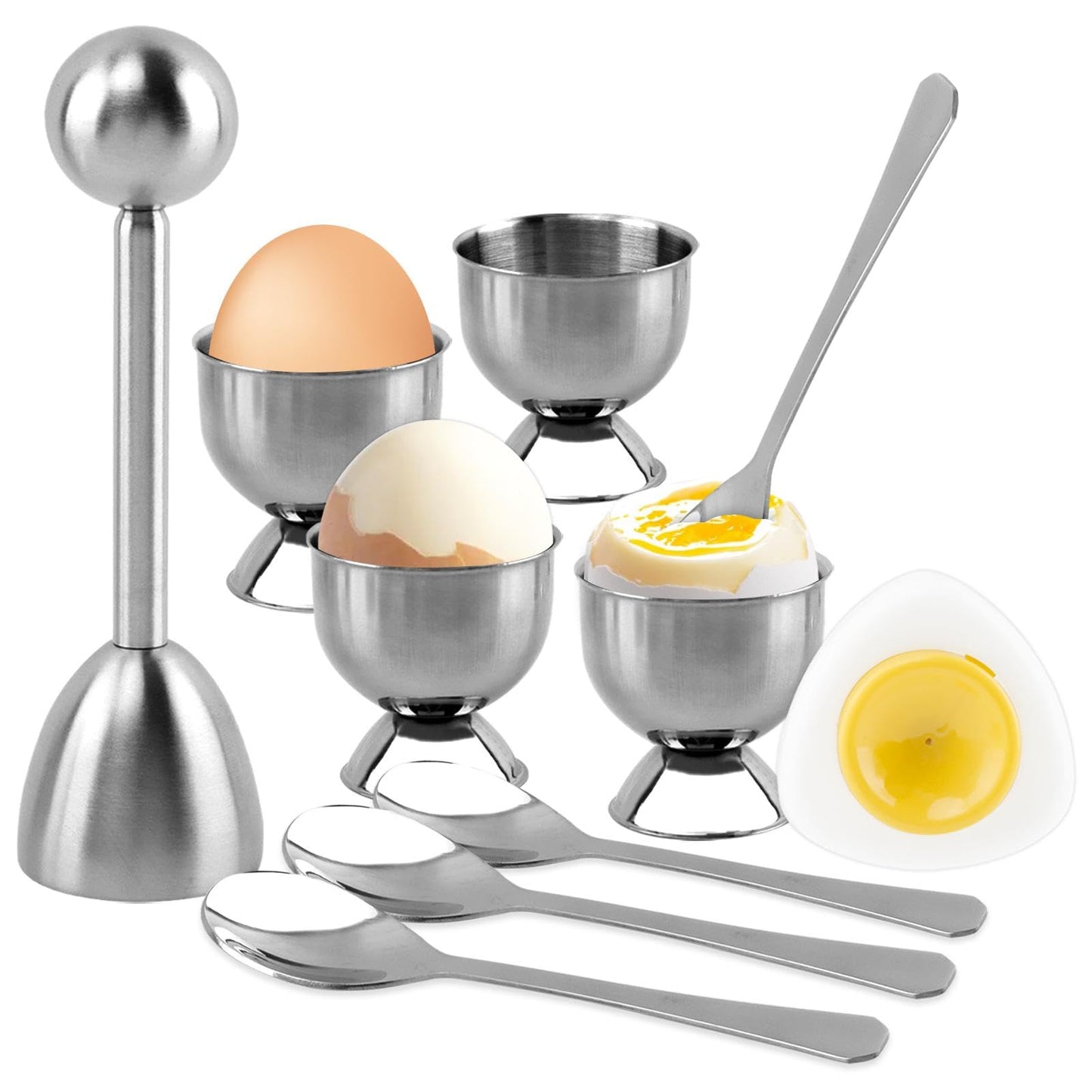 10PCS Egg Cracker Topper Cutter Set for Hard Boiled Eggs,With 4X Stainless Steel Egg Cups for Soft Boiled Eggs,4 X Egg Spoons,1 X Magnetic Egg Piercer,for Breakfast Kitchen Tool