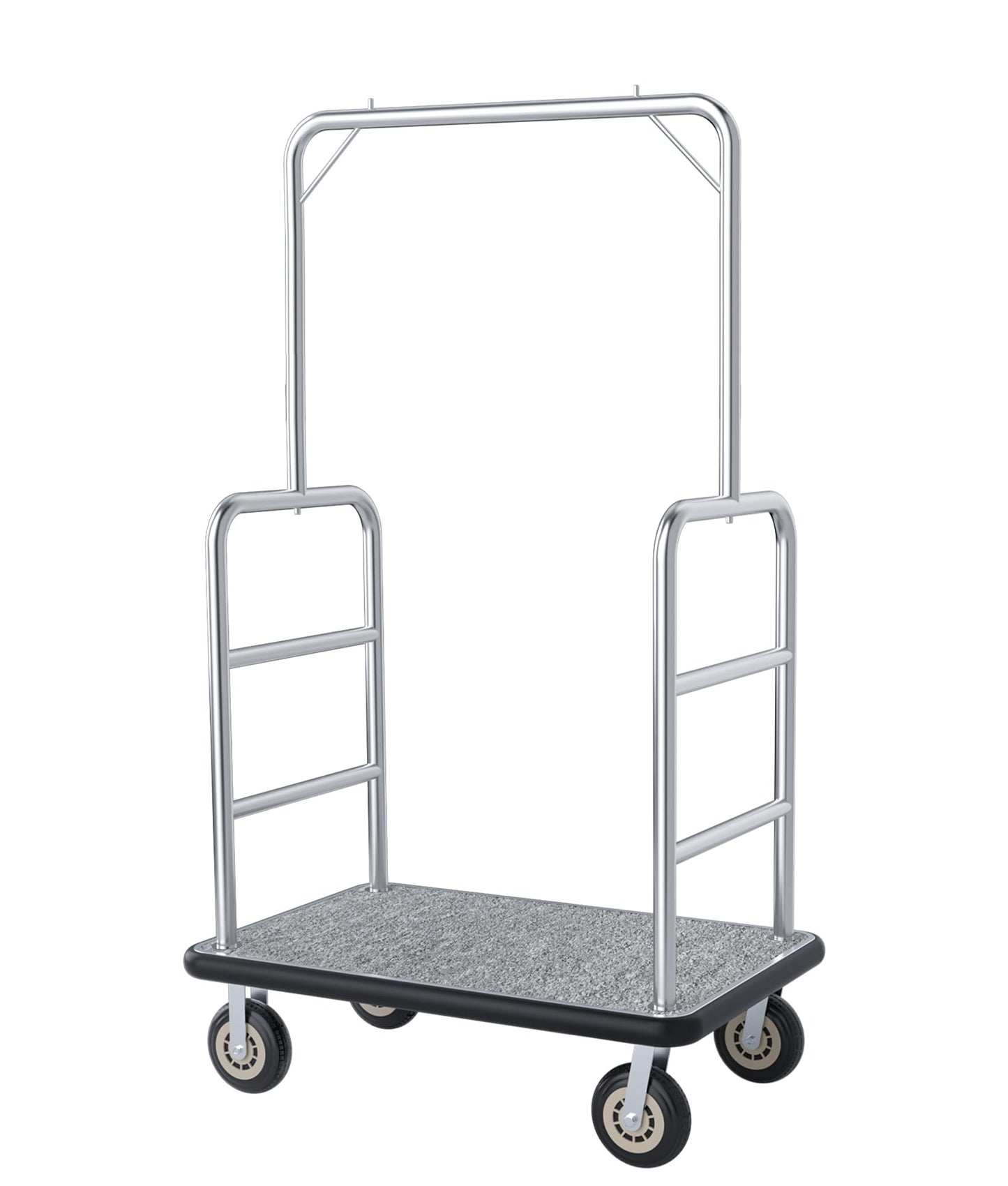 Hotel Luggage Cart, 1300LBS Load Capacity Bellman's Cart with 8" Wheels, Brushed Stainless Steel Commercial Grade Hotel Luggage Trolley with Grey Carpeted Deck for Hotels (42''L x 26''W x 70''H)