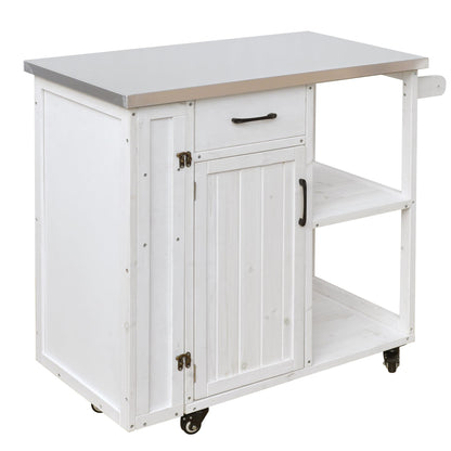 Outdoor Kitchen Island Cart with Stainless Steel Top, Rolling Grill Table with Storage Cabinet Drawer Shelves and Towel Rack, Wooden BBQ Prep Station with Lockable Wheels for Patio Backyard, White