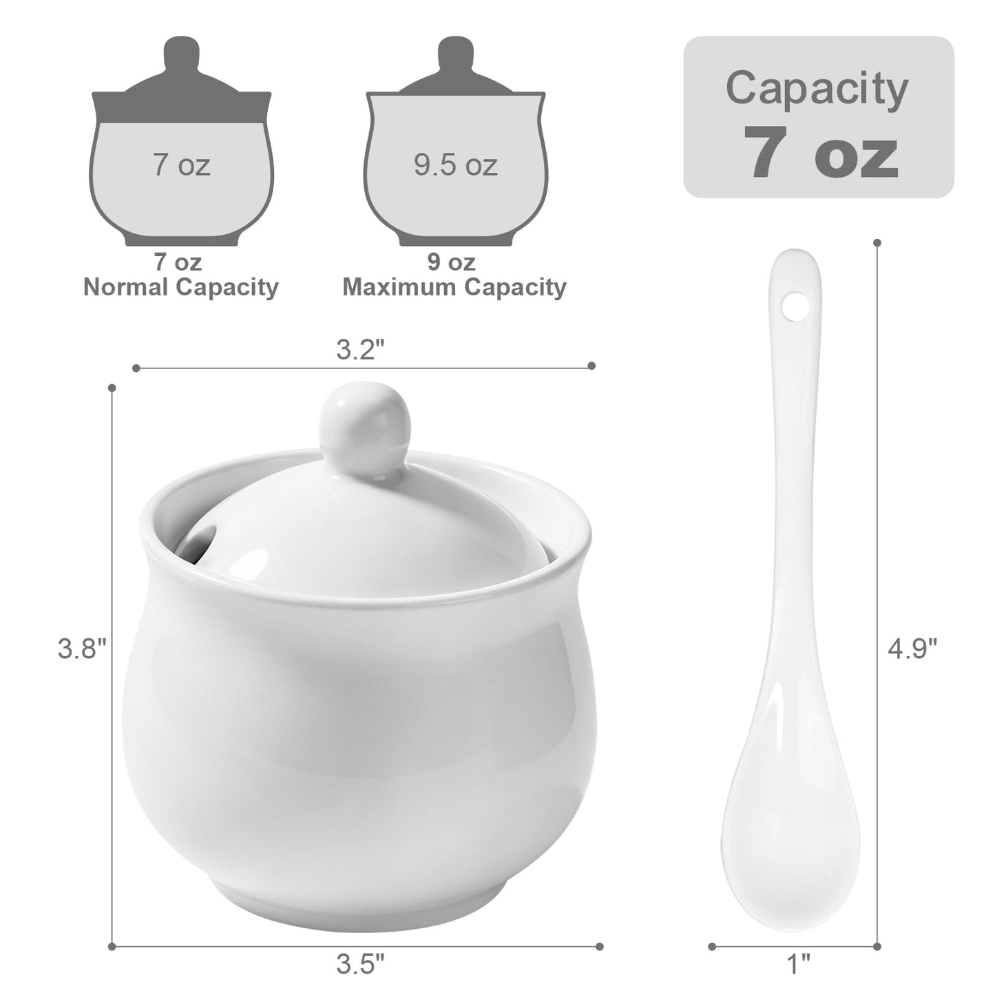 JOYLULU Sugar Bowl with Lid and Spoon, Elegant Ceramic Container for Salt, Pepper, Spices and Sugar, Easy to Clean, Ideal for Coffee Bar, Kitchen Counter & Dining Table, 7 Oz White Porcelain Jar