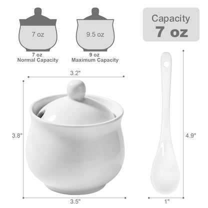 JOYLULU Sugar Bowl with Lid and Spoon, Elegant Ceramic Container for Salt, Pepper, Spices and Sugar, Easy to Clean, Ideal for Coffee Bar, Kitchen Counter & Dining Table, 7 Oz White Porcelain Jar
