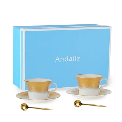 Andaliz Tea Cups and Saucers Set of 2 with Gold Spoon, Ceramic Coffee Cups with Matching Plates, Handcrafted Gold & Silver Glaze, Luxury Cup & Saucer Gift Set with Box, 5oz