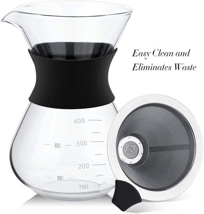 Yosoo Elegant Hand Pour Over Coffee Maker Set, Reusable Manual Drip Filter, Glass Carafe & Stainless Steel Filter