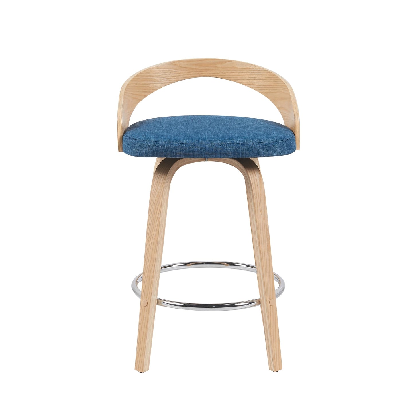 Sonia Modern Swivel Counter Height Bar Stool with Blue Upholstered Seat and Patterned Oak Wood Finish Set of 3