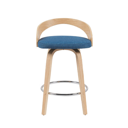 Sonia Modern Swivel Counter Height Bar Stool with Blue Upholstered Seat and Patterned Oak Wood Finish Set of 3