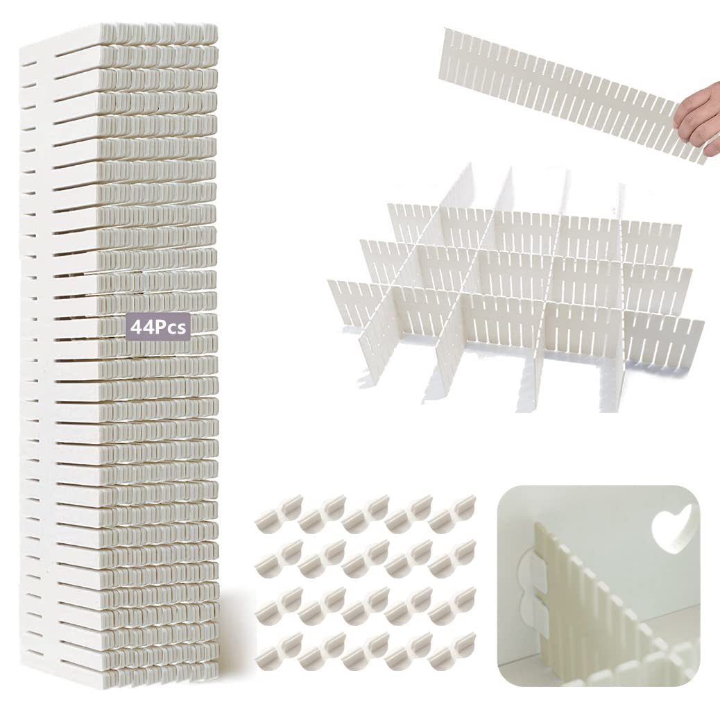 44Pcs Drawer Dividers with Fixing Buckle, Adjustable Drawer Organizer Storage Separator for Clothes, Cutlery, Socks, Underwear, Makeup, Dresser, Kitchen, Bedroom, Office, Bathroom, 14.5 * 2.75in