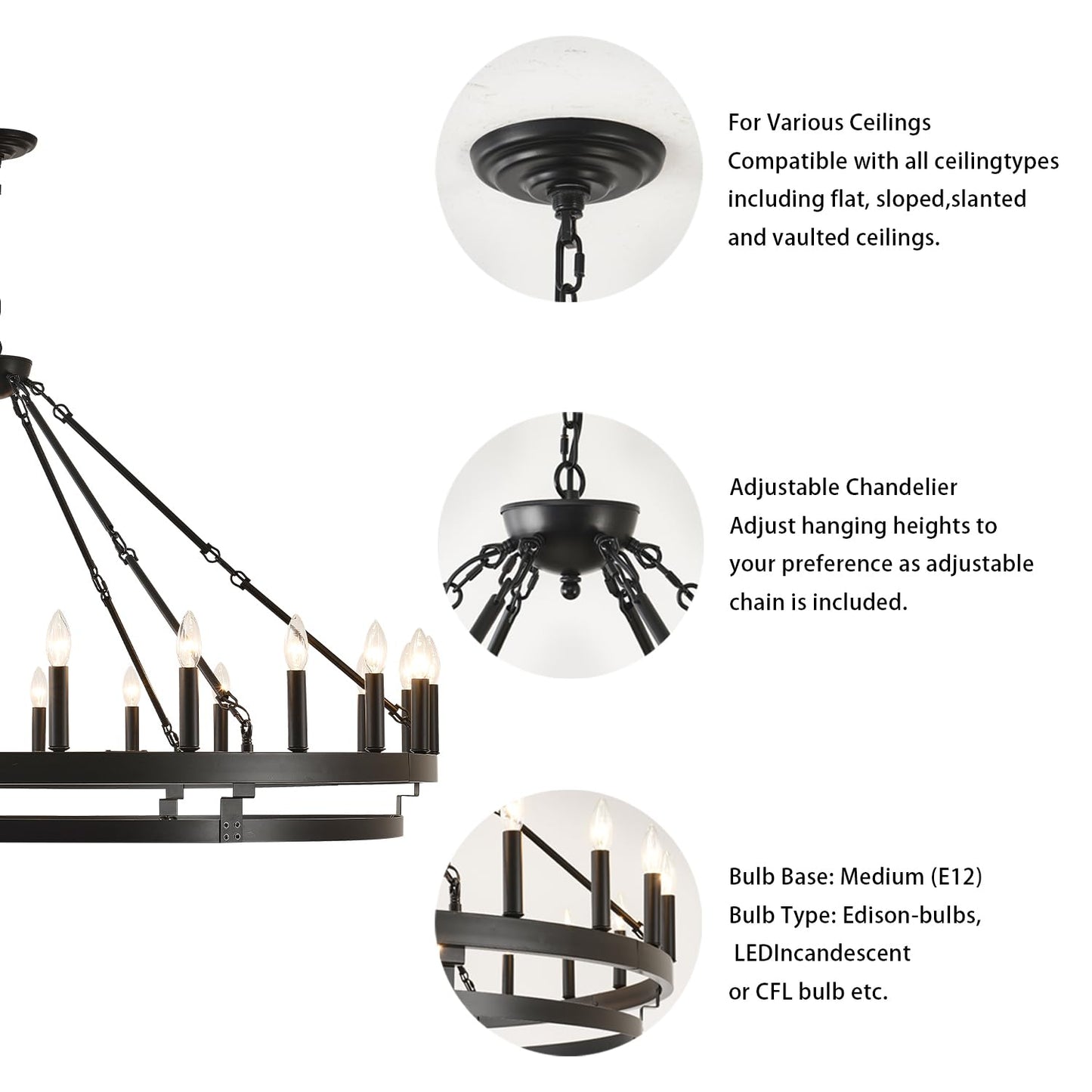 JKLX 53 inch Large Black Wagon Wheel Chandelier,Farmhouse Industrial Country Style Round Pendant Light Fixture,Round Ceiling Light fixtures for Outdoor Porch high Ceilings Living Foyer Entryway