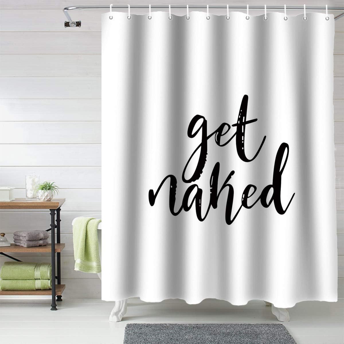 Z&L Home Get Naked Black Script Shower Curtain, White Bathroom Decorations with Hooks, Polyester Fabric 72x78 Inches