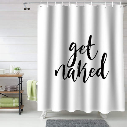 Z&L Home Get Naked Black Script Shower Curtain, White Bathroom Decorations with Hooks, Polyester Fabric 72x78 Inches