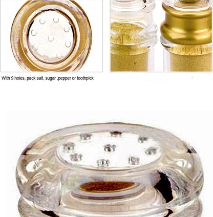 Acrylic Condiment Salt Pepper Chili Powder Shaker - Cruet Bottle with Nine-Hole Cover, Gold & Clear, F5xH9.4cm
