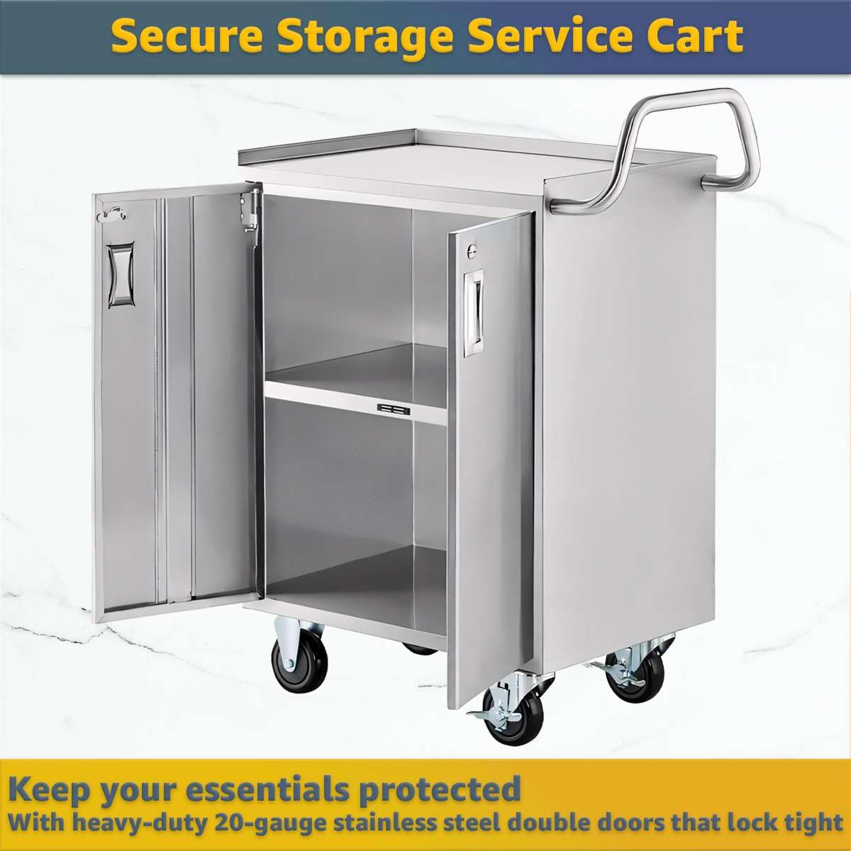 16" x 24" Stainless Steel Utility Cart with Enclosed Base and Locking Doors - 3 Shelf Heavy-Duty 18-Gauge 304 Steel Rolling Cabinet - NSF Commercial Service Cart for Kitchen, Catering, Restaurant