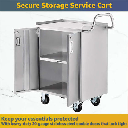 16" x 24" Stainless Steel Utility Cart with Enclosed Base and Locking Doors - 3 Shelf Heavy-Duty 18-Gauge 304 Steel Rolling Cabinet - NSF Commercial Service Cart for Kitchen, Catering, Restaurant