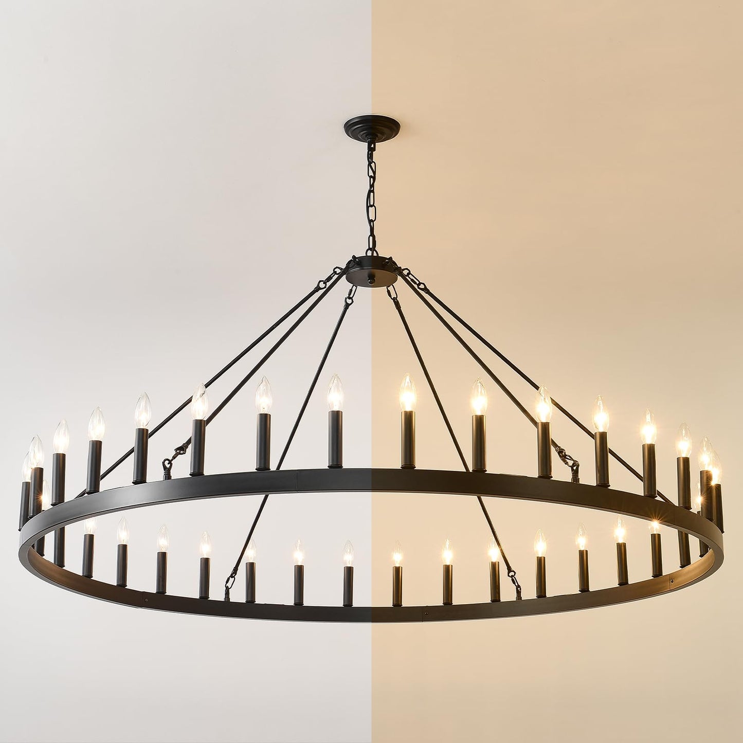 TESTOYS Modern Wagon Wheel Light Fixture 36-Light, 60-Inch Extra Large Farmhouse Chandelier for Entryway, Round Outdoor Chandeliers for Living Room Dining Room Foyer
