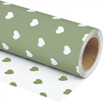 WRAPLULU Reversible Hearts Wrapping Paper Roll - 17.5" * 26 Ft. - Sage Green Gift Wrap, Perfect for Wedding, Bridal Shower, Valentines Day, Anniversary, Birthday, Baby Shower, Mother's Day