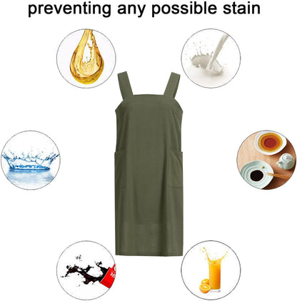 ZQFFB Pinafore Cross Back Apron for Women with Pockets - Japanese Smock for Work, Gardening, Cooking