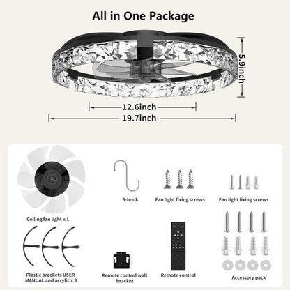 Aphyni Ceiling Fans with Lights and Remote, Crystal-Edged Modern Flush Mount LED Fan Light, 6 Wind Speeds Low Profile Fandelier Ceiling Fan with Light for Bedroom, 3000-6500K Dimmable (19.7" Black)