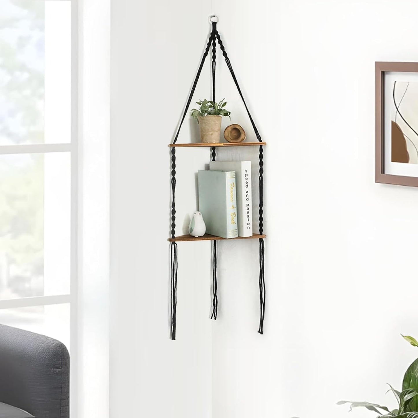 2 Artilady Macrame Corner Shelf Wall Hanging - Tier Black Corner Floating Shelves Boho Wall Decor, Rustic Wooden Plant