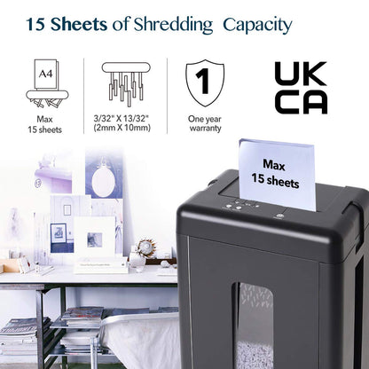 WOLVERINE 15-Sheet Super Micro Cut High Security Level P-5 Heavy Duty Paper/CD/Card Shredder for Home Office, Ultra Quiet by Manganese-Steel Cutter and 8 Gallons Pullout Waste Bin SD9520 (Black ETL)