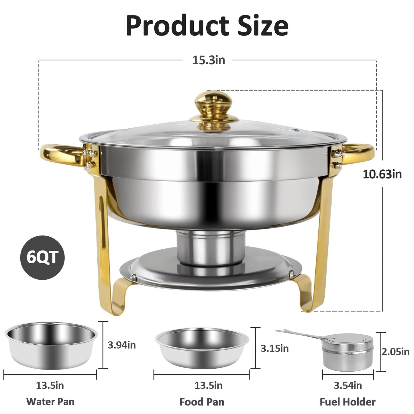 PRlJESSE 6QT Chafing Dishes for Buffet Set, Gold Round Chafing Dish Buffet Set with Glass Lid, chafers and Buffet Warmers Sets, Serving Food Warmer for Parties, Buffet (8 Pack)