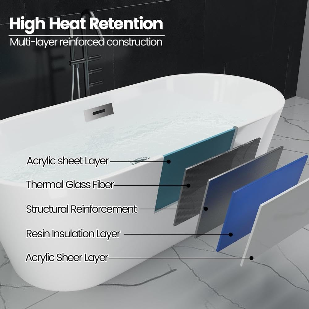 59 Inch Freestanding Bathtub, Acrylic Free Standing Bath Tub with Integrated Overflow & Drain, Modern Oval Stand Alone Tub for Home Spa, White