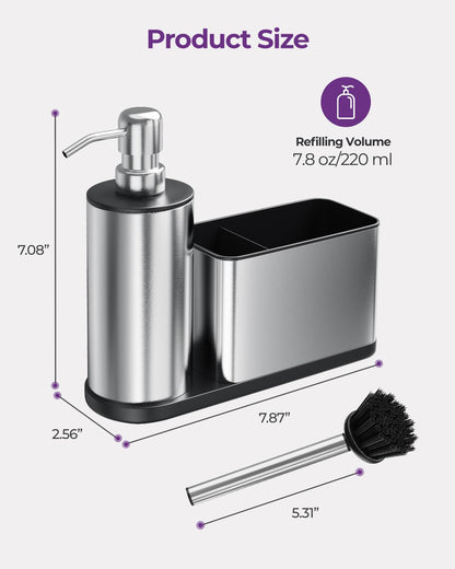 ODesign Kitchen Soap Dispenser Set - 3 in 1, Stainless Steel Dish Soap Dispenser with Sponge Holder, Dish Brush & Brush Holder, Kitchen Sink Caddy Organizer for Countertop - Rustproof, Non-Slip