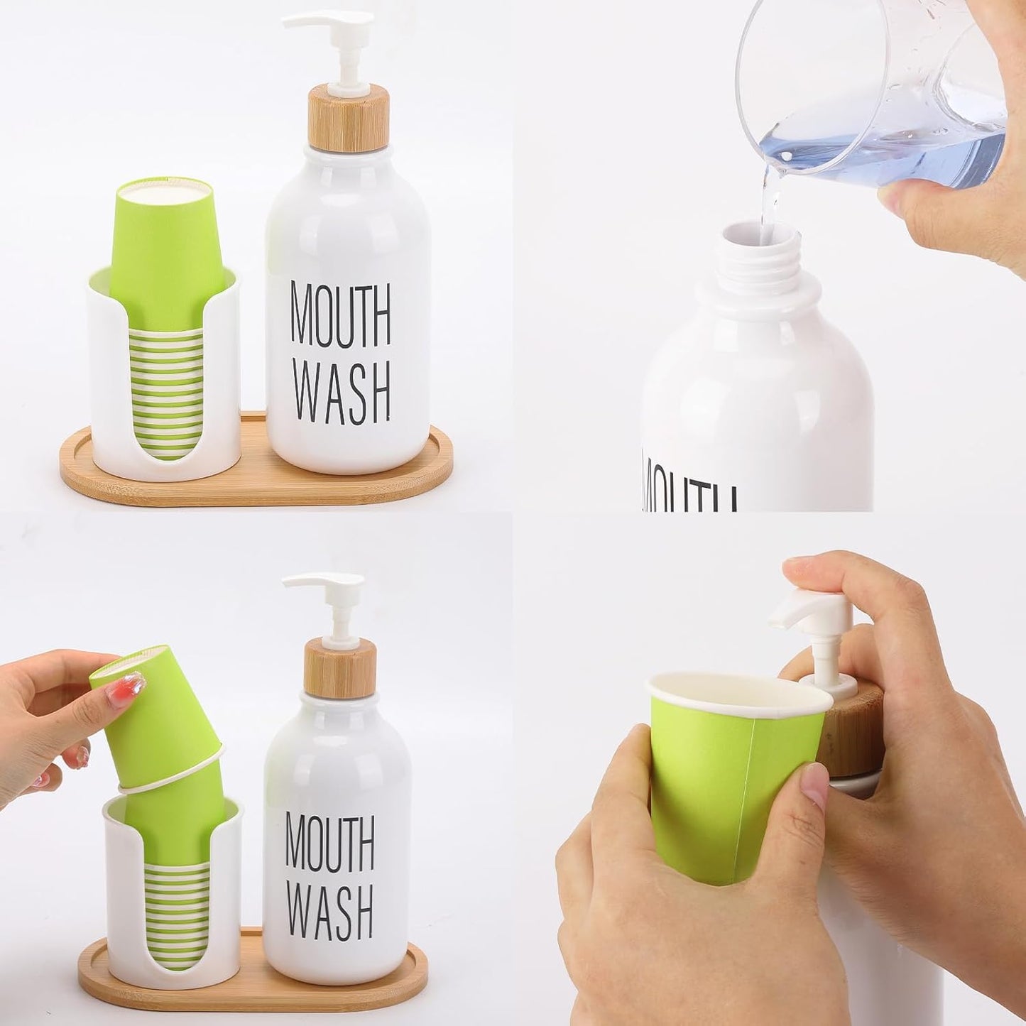 17oz Mouthwash Dispenser with Cup Holder, Plastic White Mouth Wash Pump Bottle with Tray for Bathroom Organizers