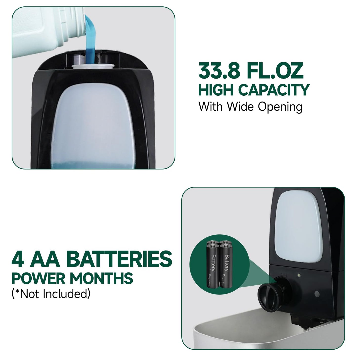 anydry Commercial Automatic Soap Dispenser Large 34oz/1000ml Capacity Wall-Mounted Touchless Liquid Dispenser for High-Traffic Restrooms, Offices, Hospitals Model AD1220S Silver