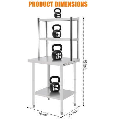 EliteEdge Commercial Stainless Steel Prep Table with Adjustable Shelves and Side Hooks, 36" X 24" Heavy Duty Workstation for Restaurant, Kitchen, or Workshop