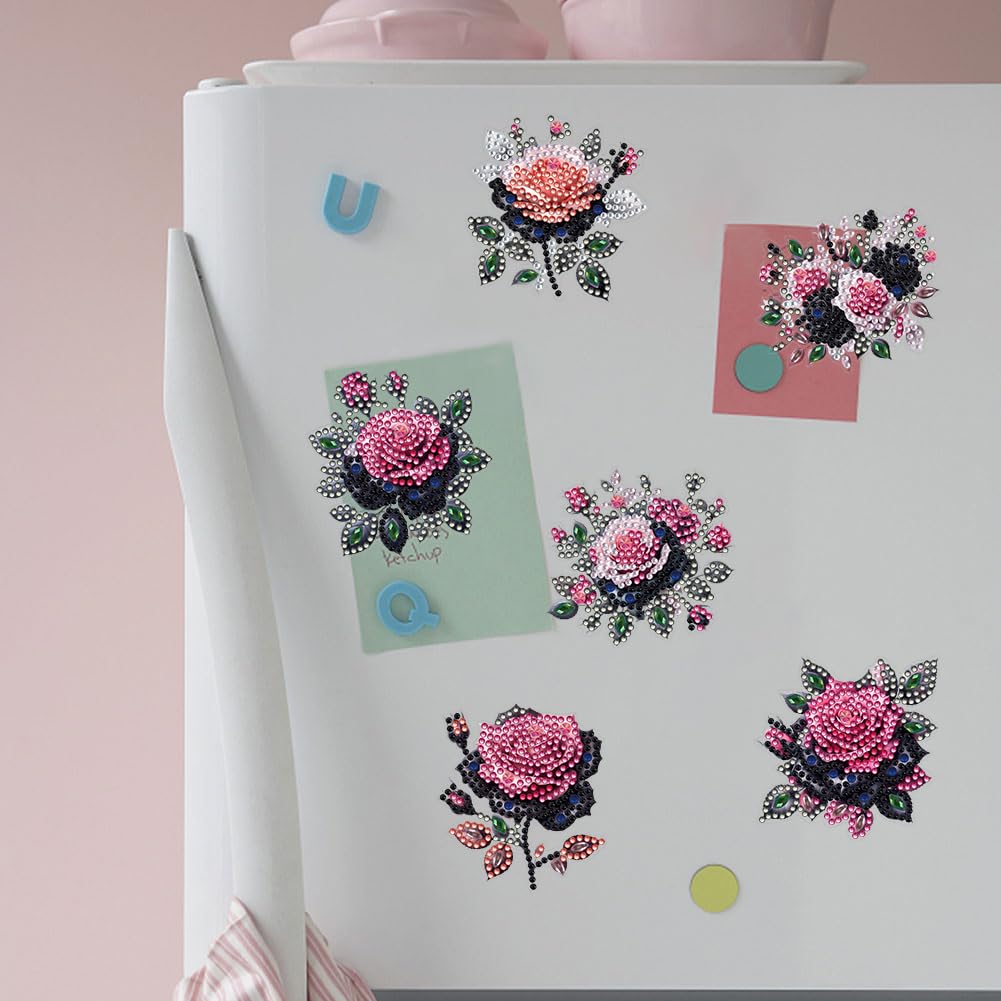 POETRYDRAW 6 Pcs Diamond Painting Magnets Special Shape Rose Diamond Art Stickers Refrigerator for Fridge Stickers DIY Home Decors Crafts Gifts