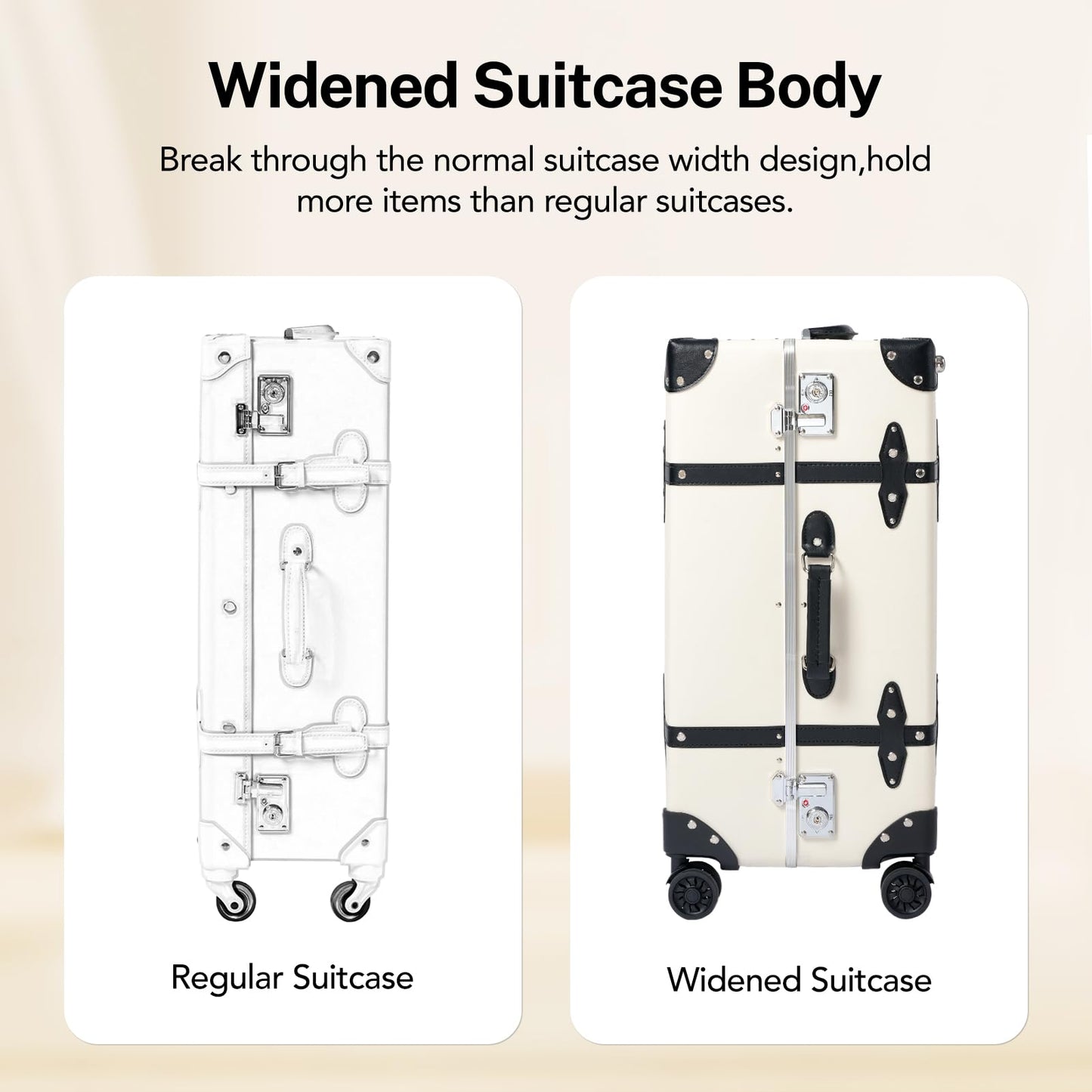 universal trotter Vintage PU Leather Luggage Set, Retro Trunk Suitcase with Wide Aluminum Frame, TSA Key Locks and Smooth 360° Spinner Wheels (Ivory Signature,26"+12")