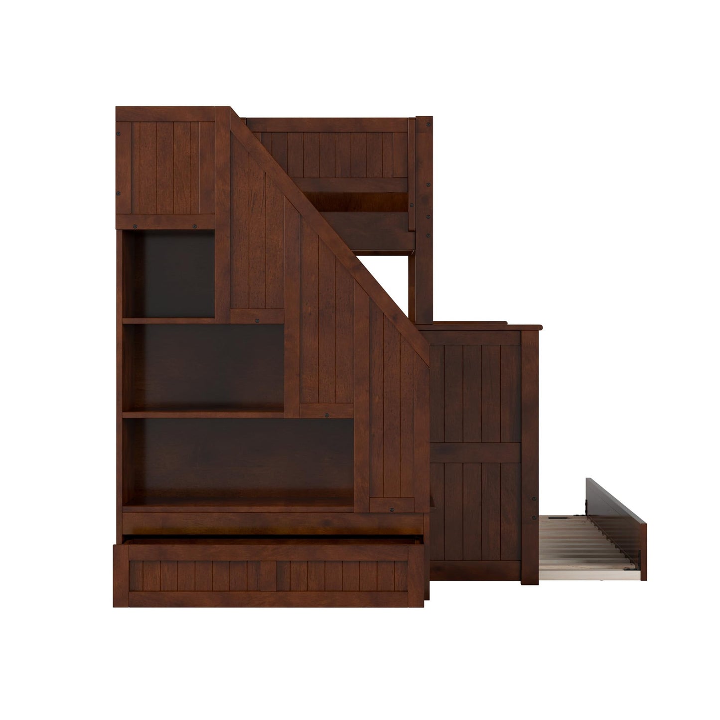 AFI, Dover Twin Over Full Staircase Bunk Bed with Storage Drawer and Twin Trundle, Walnut
