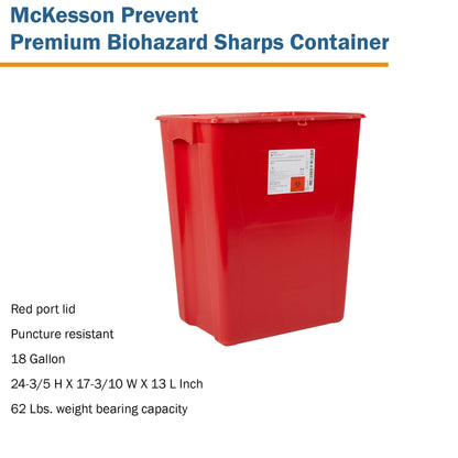 McKesson Prevent Premium Biohazard Sharps Container - Vertical Entry, Rotating Lid - Red and White, 18 gal, 13 in x 17 3/10 in x 24 3/5 in, 7 Count