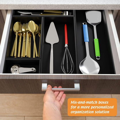 Black Bamboo Drawer Organizer, Silverware & Utensil Holder for Kitchen Drawers, Multi-Use Dividers for Bathroom,