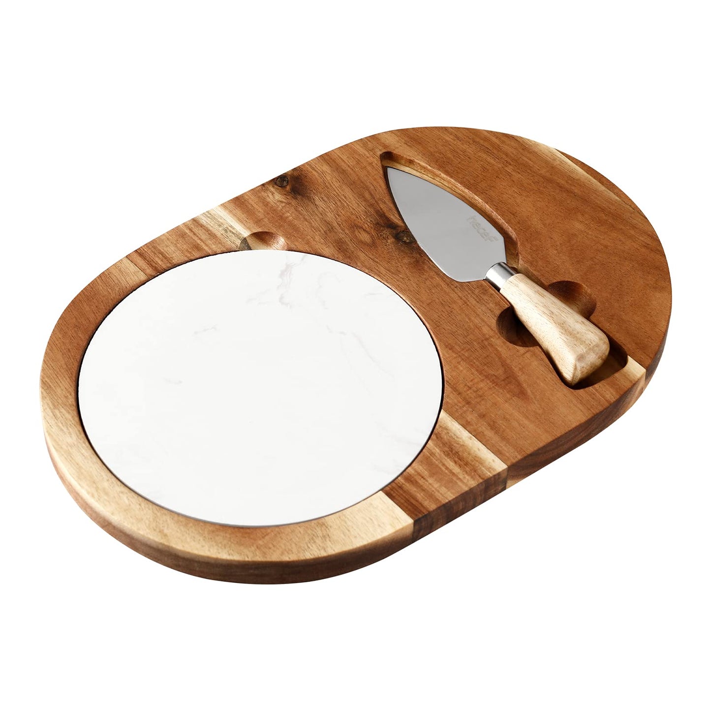 hecef Oval Wooden Cheese Board Set, Acacia Wood Cheese Serving Board with White Marble & Cheese Knife, Cheese Serving Tray for Cheese, Cake, Appetizers