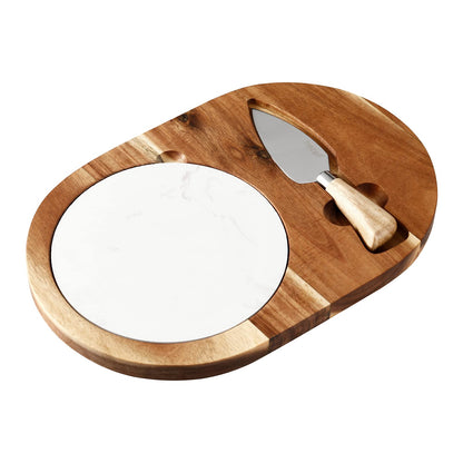 hecef Oval Wooden Cheese Board Set, Acacia Wood Cheese Serving Board with White Marble & Cheese Knife, Cheese Serving Tray for Cheese, Cake, Appetizers