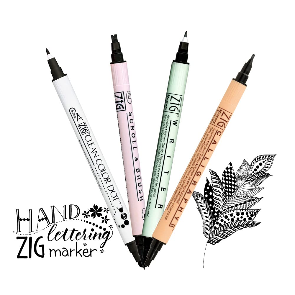 Kuretake ZIG Twin Marker BLACK 4 Assortment set for Hand Lettering, Calligraphy Art, Illustration, Journaling, Cartooning, AP- Certificated, Made in Japan