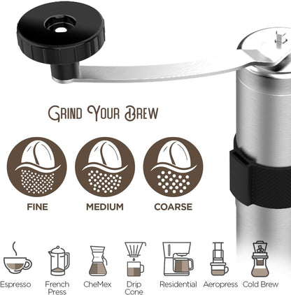Manual Coffee Grinder — Stainless Steel Conical Burr Coffee Bean Grinder with Hand Crank, 18 Adjustable Settings